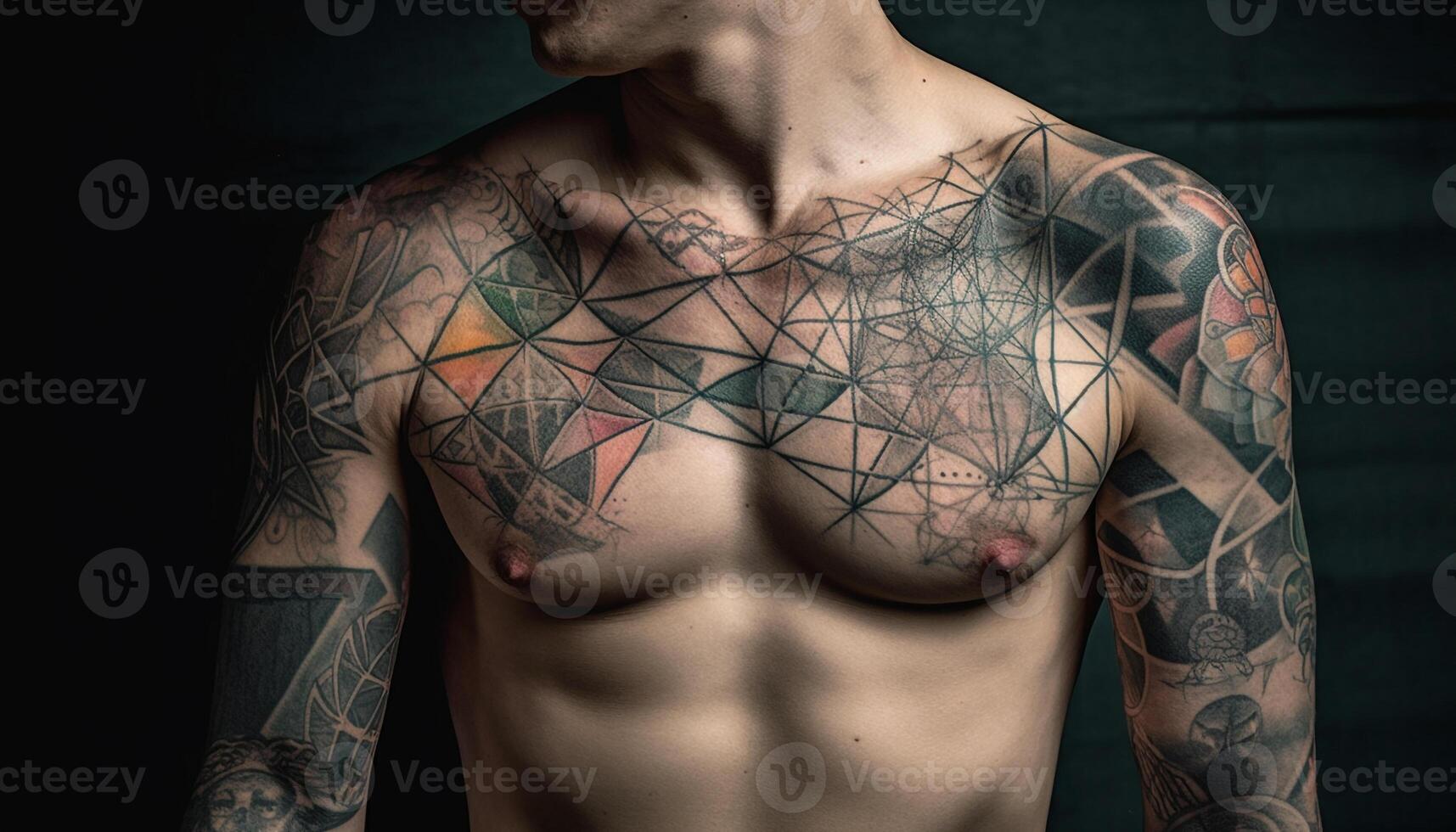 Muscular tattooed man with pierced shoulder standing generated by AI photo