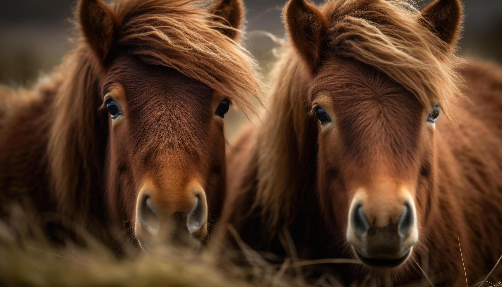 Cute mare and foal grazing in meadow generated by AI photo