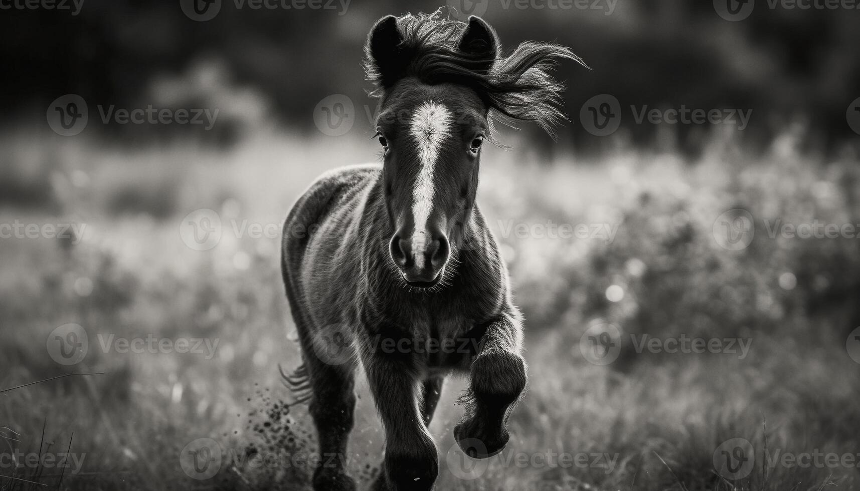 Running stallion in meadow, black and white generated by AI photo