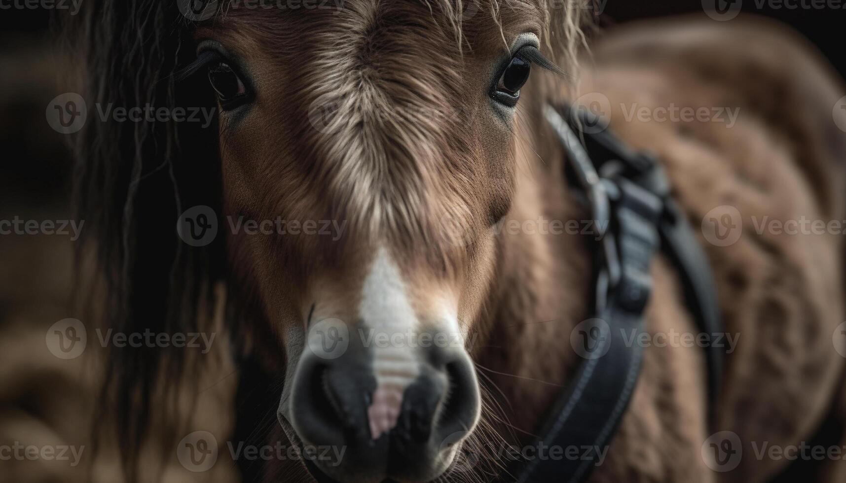 Mare grazing in meadow, looking at camera generated by AI photo
