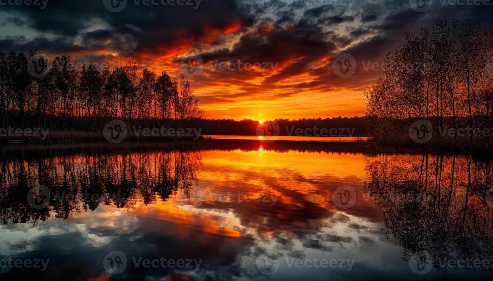 Vibrant sunset reflects on tranquil water landscape generated by AI photo