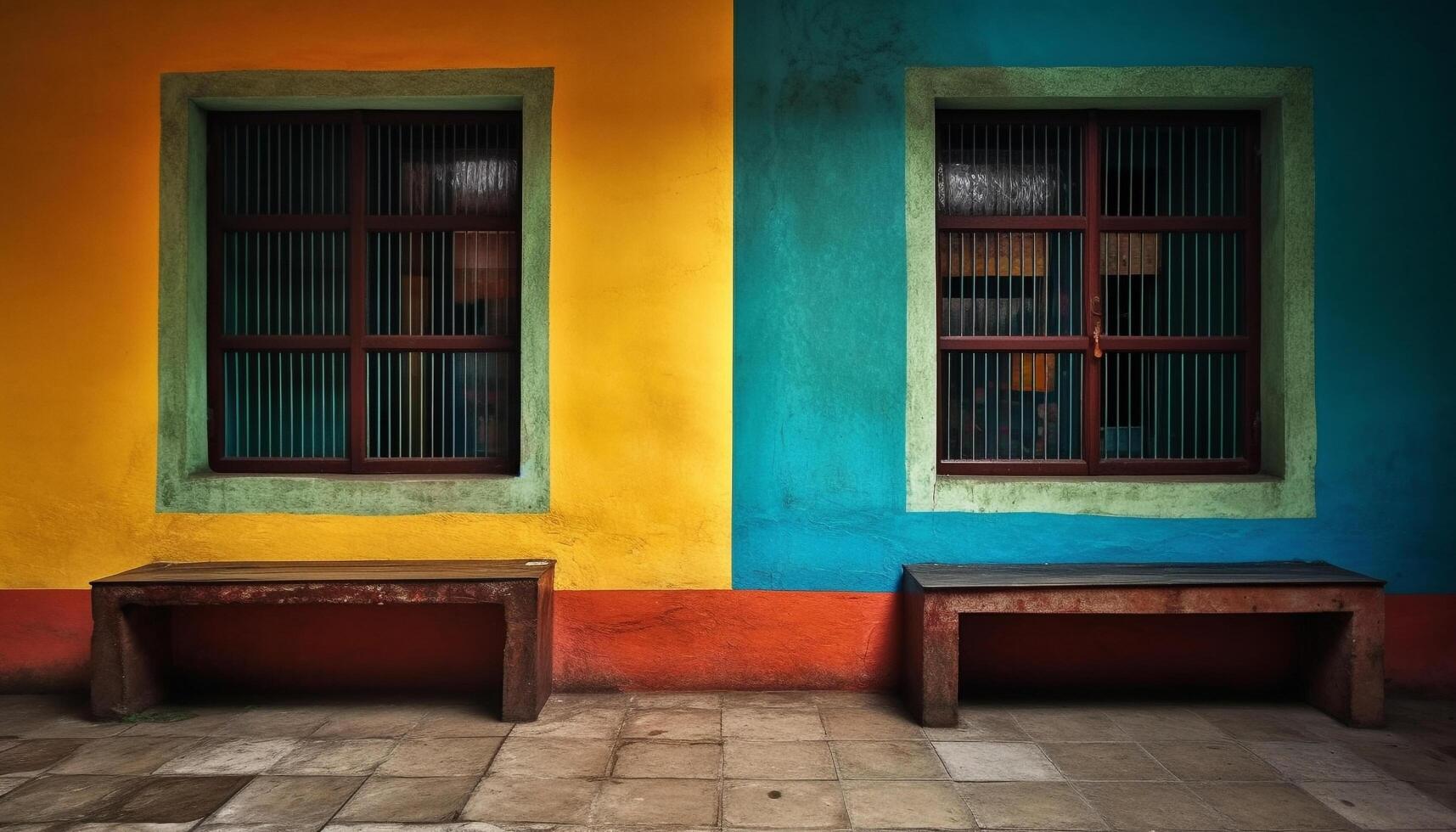 Weathered yellow shutters adorn old Caribbean building generated by AI photo