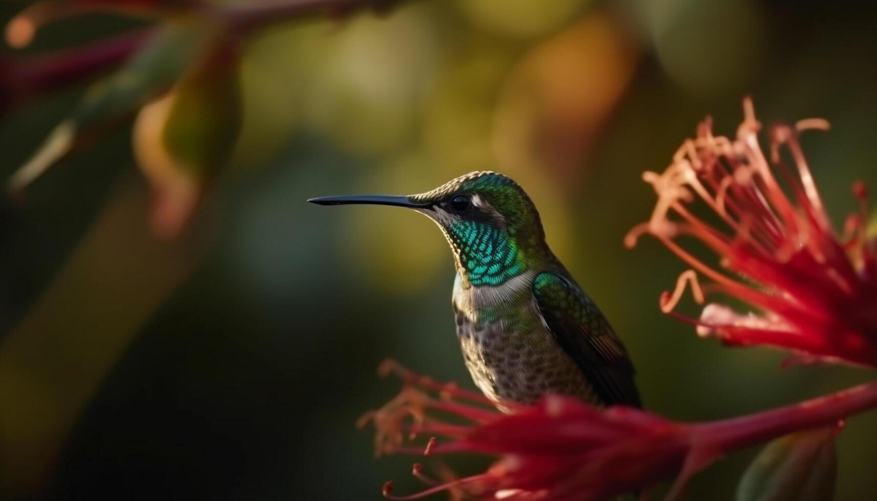 colibrí encaramado en rama, iridiscente plumas brillante generado por ai foto