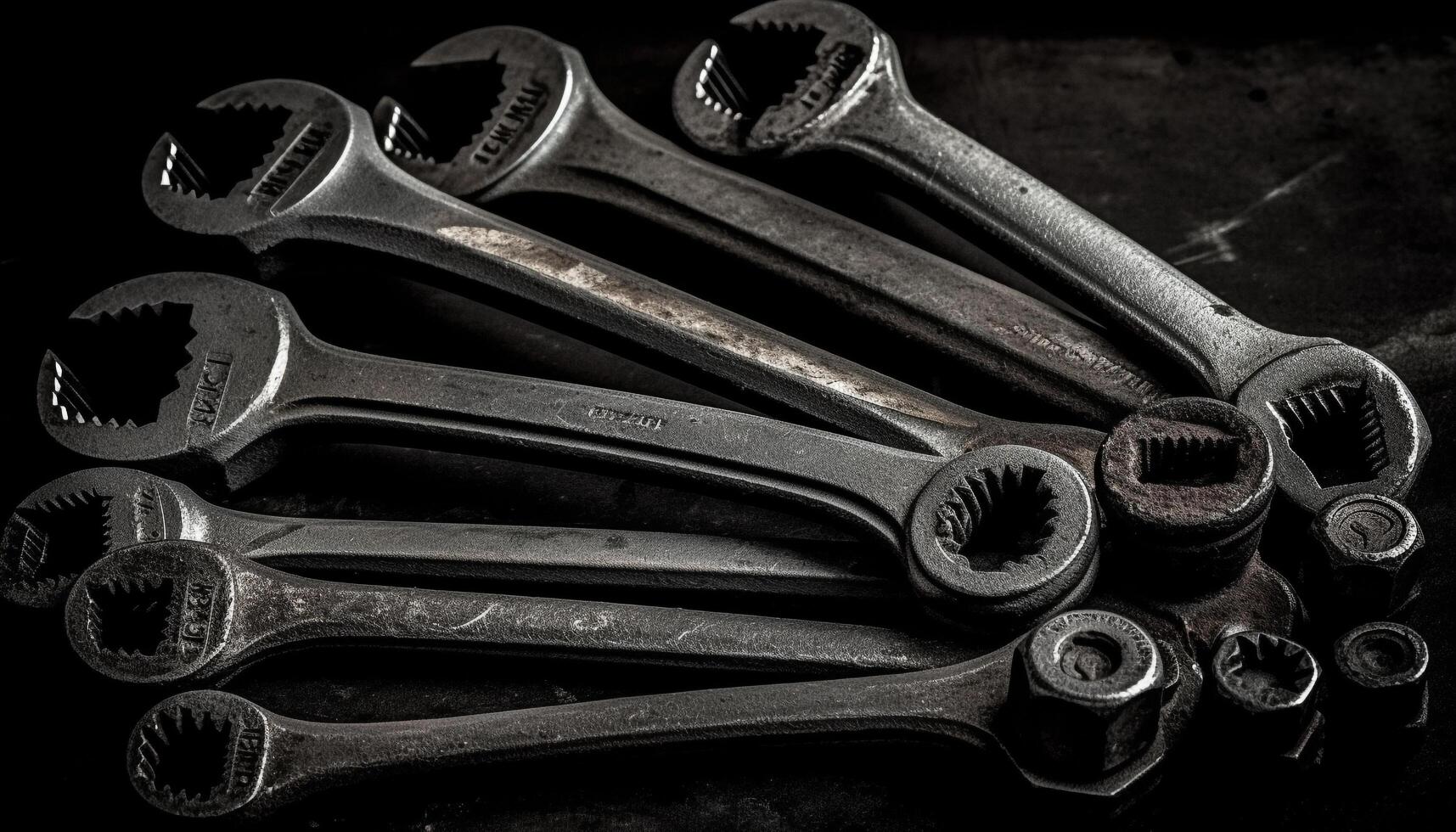 Metal work tools in a row wrench, spanner, hex wrench generated by AI photo
