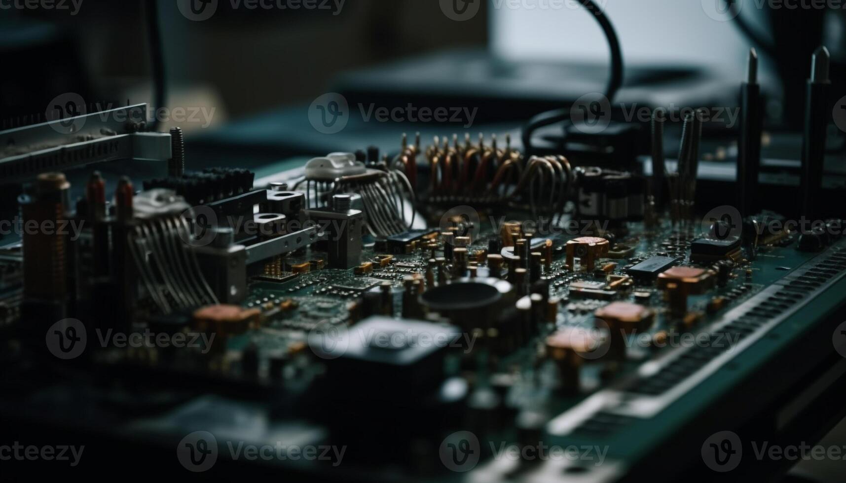 Complexity of computer chip industry shown in close up semiconductor circuit generated by AI photo