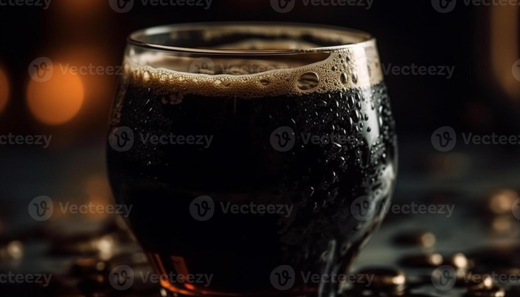 Foamy beer glass on bar counter, perfect for celebration generated by AI photo