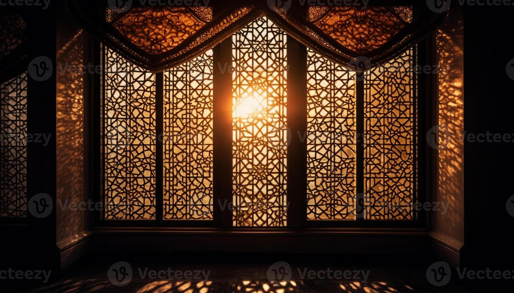 Ornate lantern illuminates ancient Arabic style architecture in dark night generated by AI photo