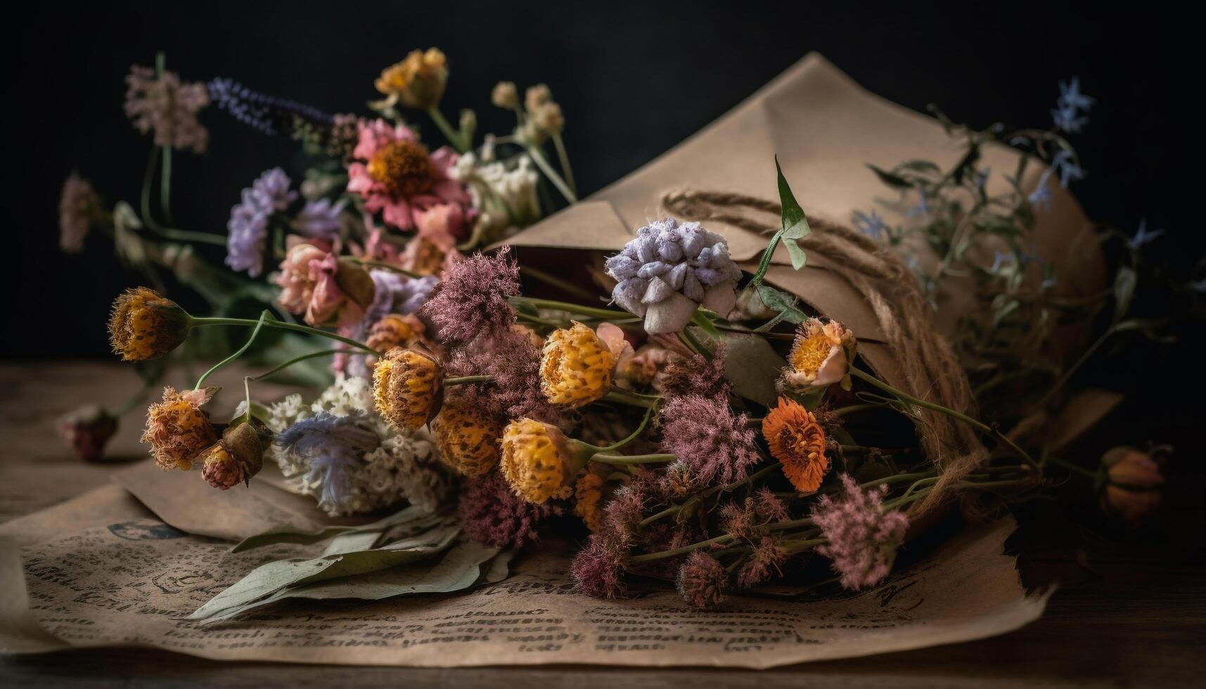 A rustic bouquet of dried plants on an antique table generated by AI photo