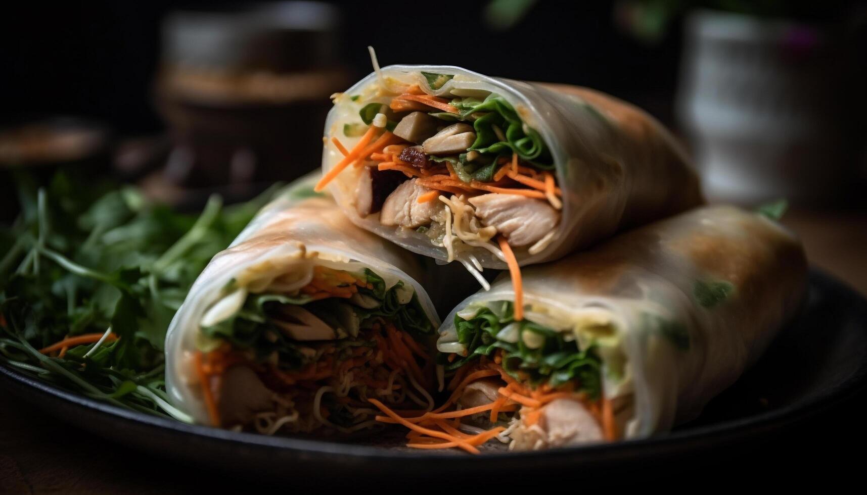 Fresh spring roll appetizer with meat and vegetables, Vietnamese culture generated by AI photo