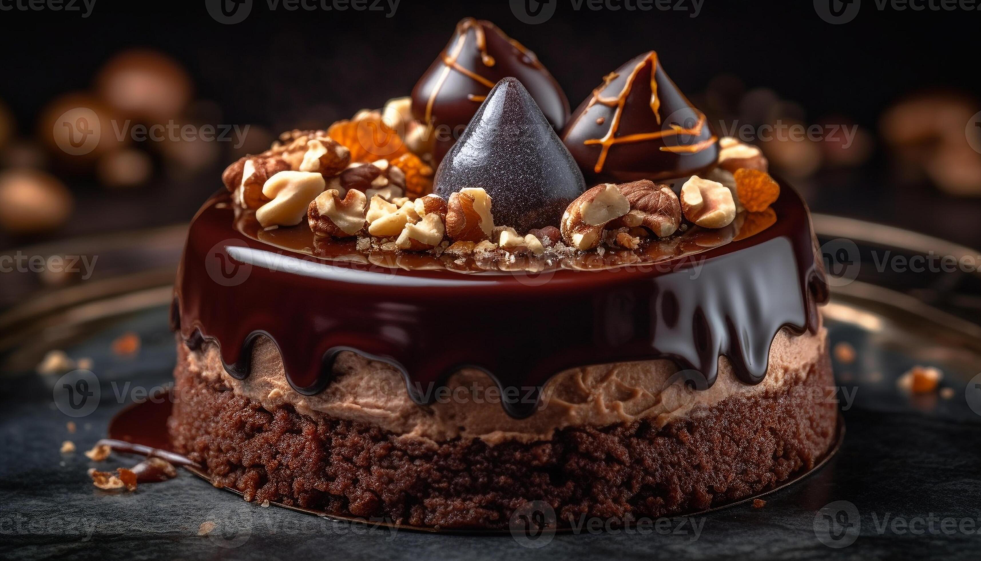 Indulgent chocolate dessert with dark fudge, creamy icing, and hazelnuts generated by AI