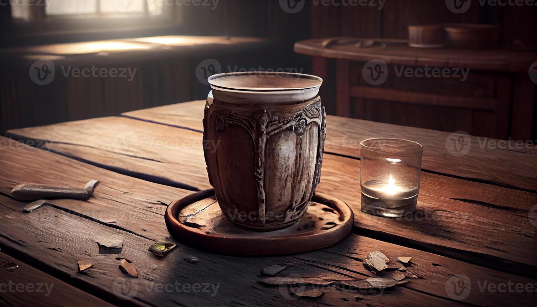 Rustic pottery bowl illuminated by burning candle generated by AI photo
