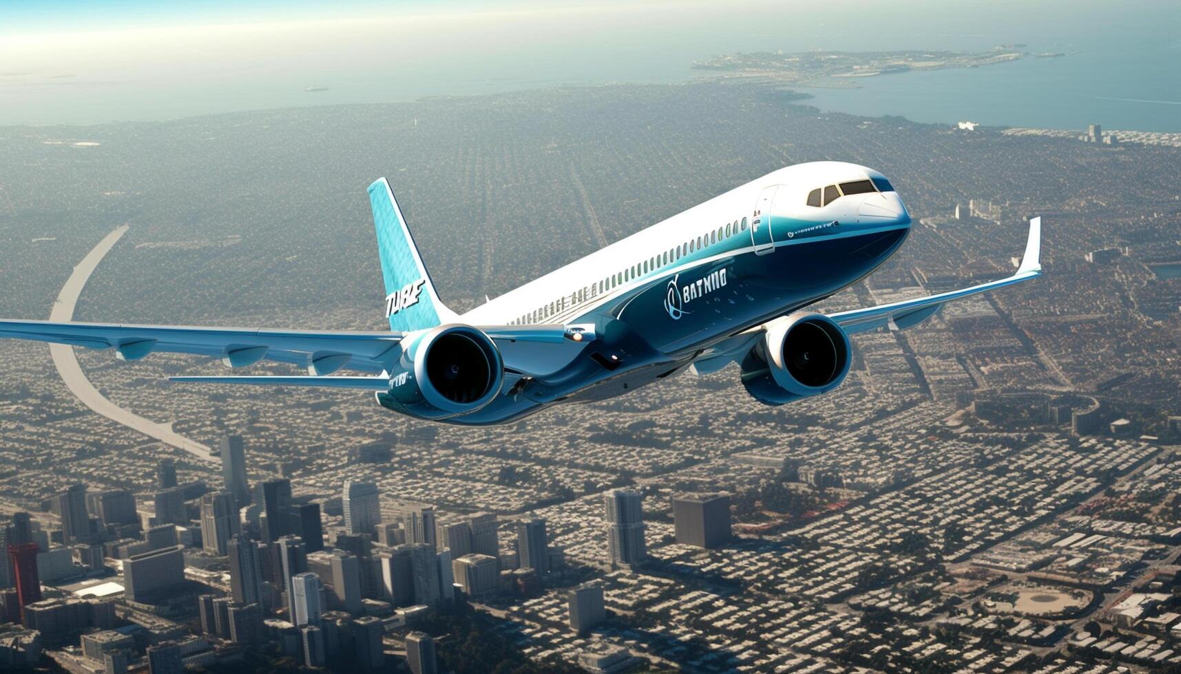 High above, a modern airplane takes off generated by AI photo