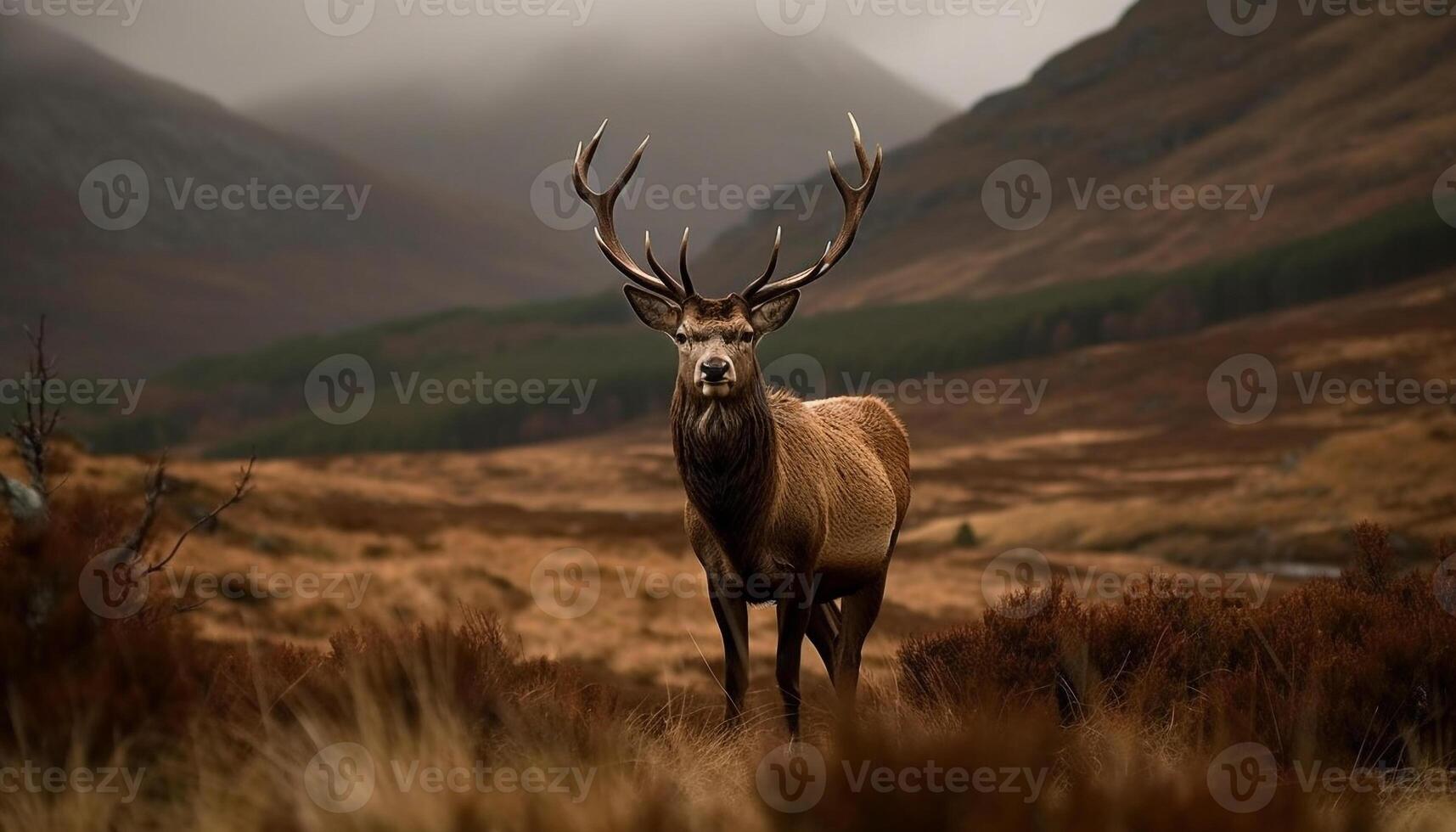 Majestic stag grazing in tranquil mountain meadow generated by AI photo