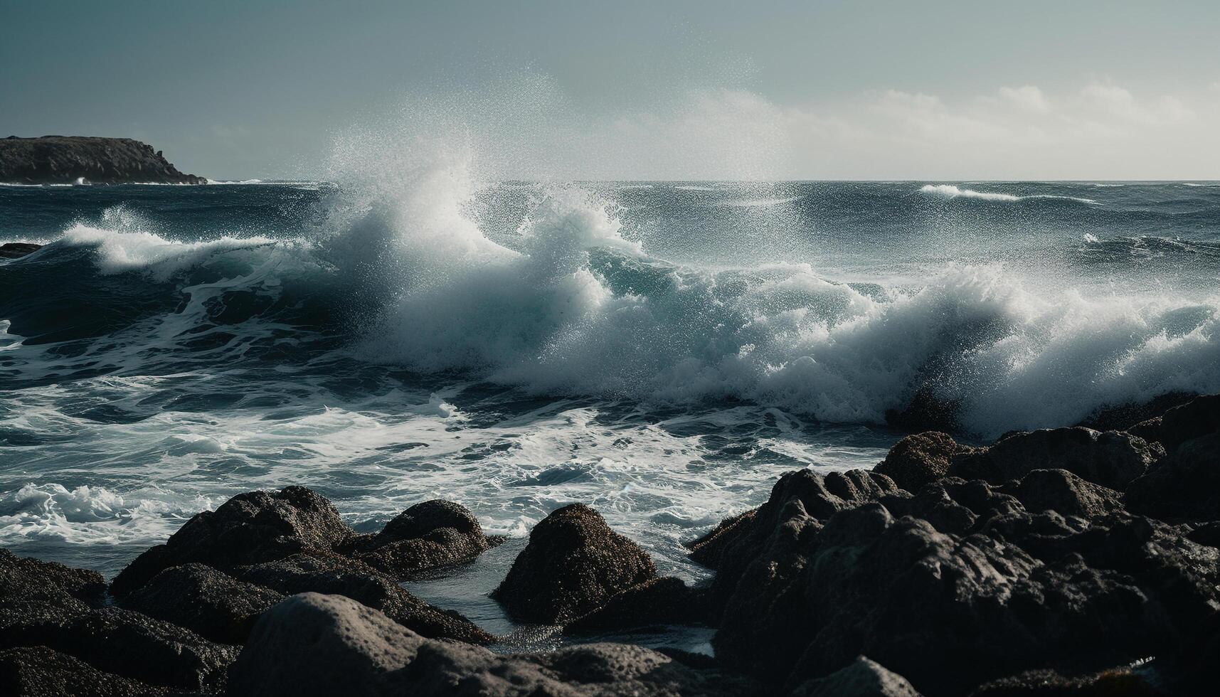 Splashing waves crash on rough coastline rocks generated by AI photo