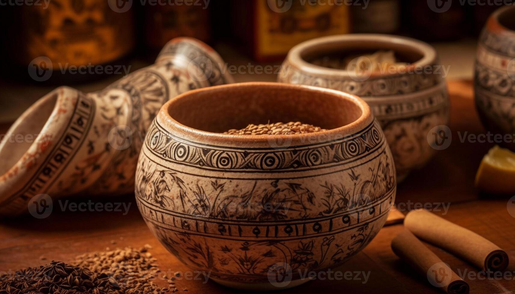 Earthenware vase with intricate terracotta pattern decoration generated by AI photo