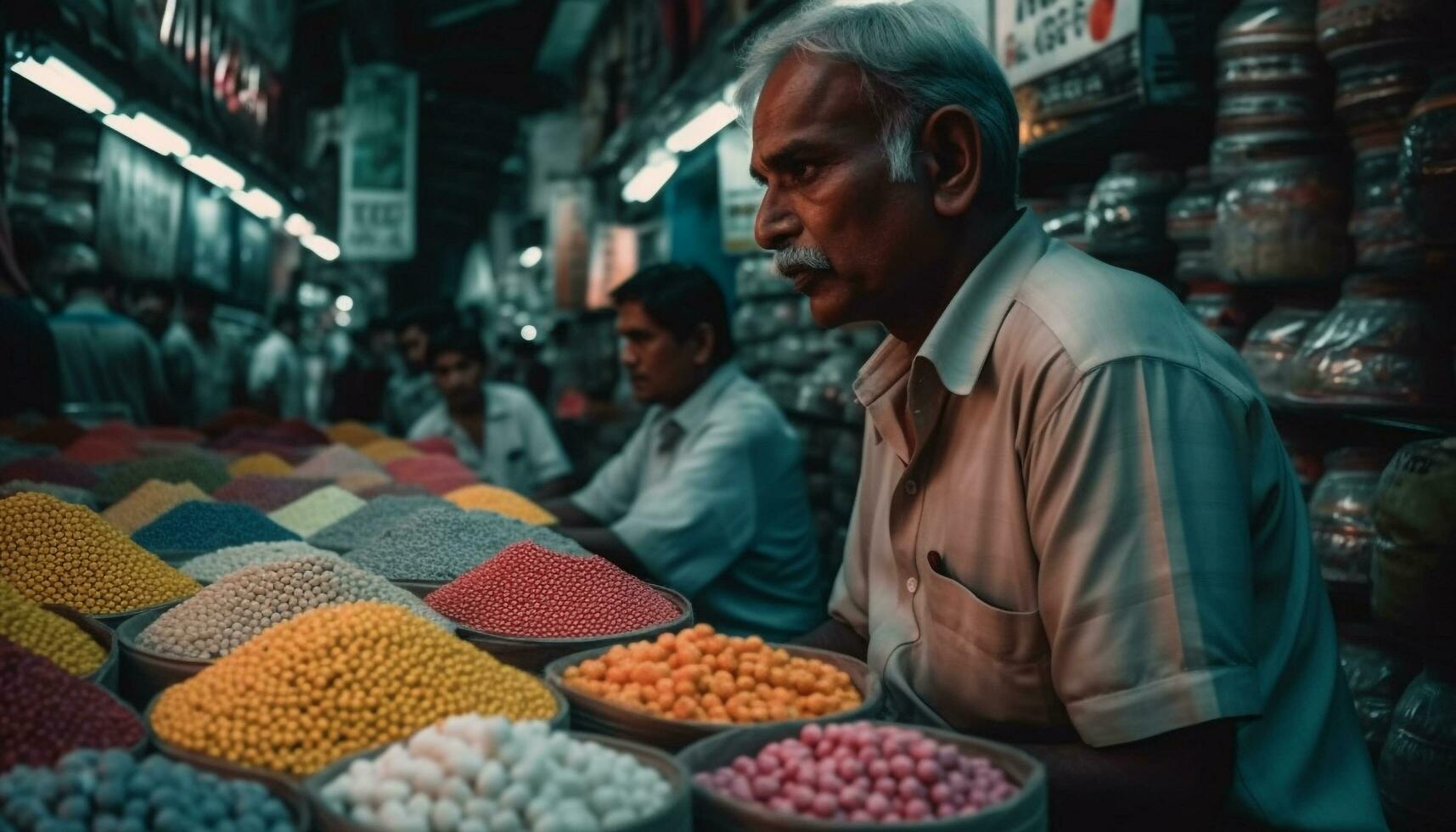 Senior men selling fruit at night market generated by AI photo