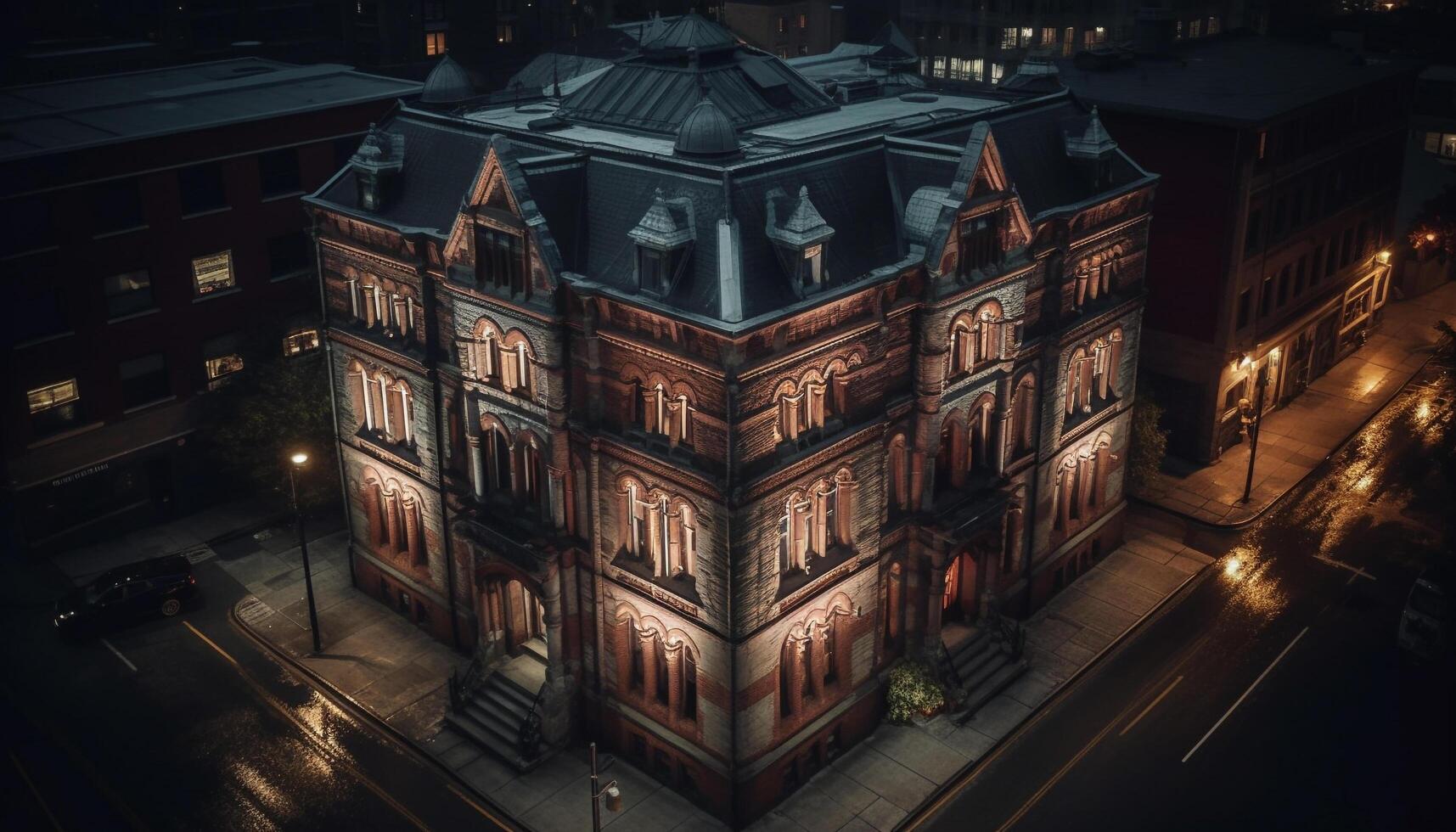 Illuminated gothic architecture reflects city life at night photo