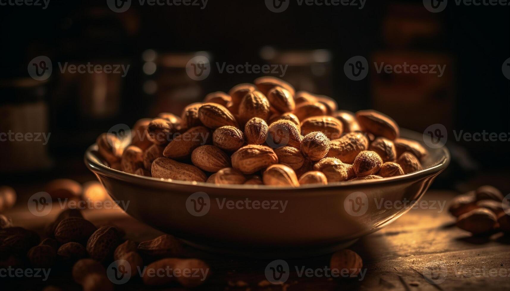 Healthy nuts and fruits in rustic bowl photo