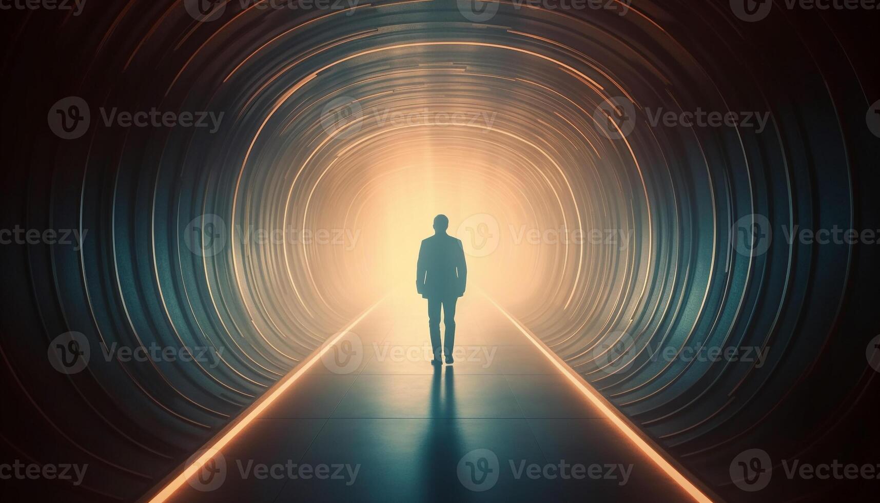 Silhouette businessman running towards success in abstract night generated by AI photo