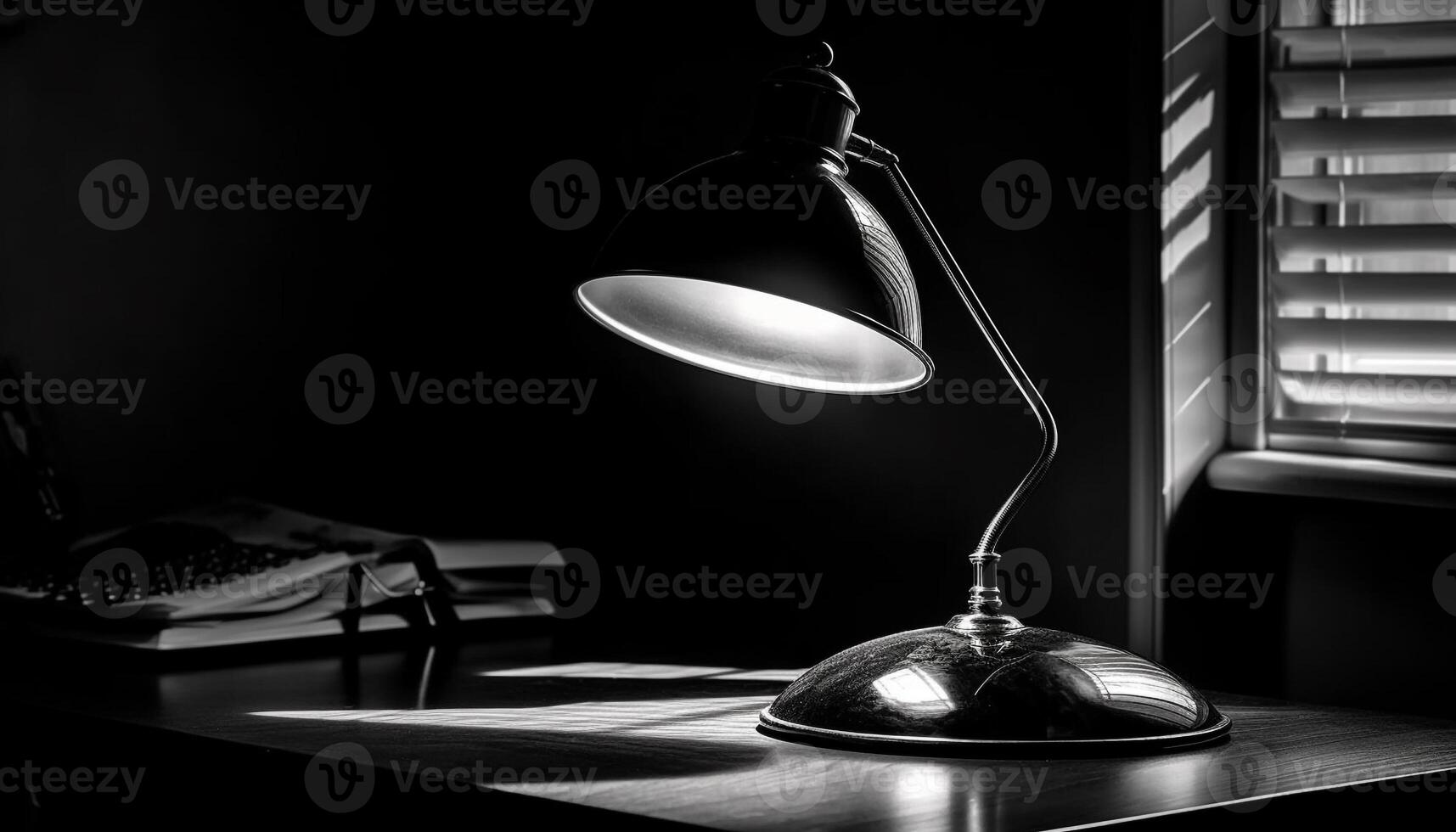 Modern desk lamp illuminates black and white office generated by AI photo