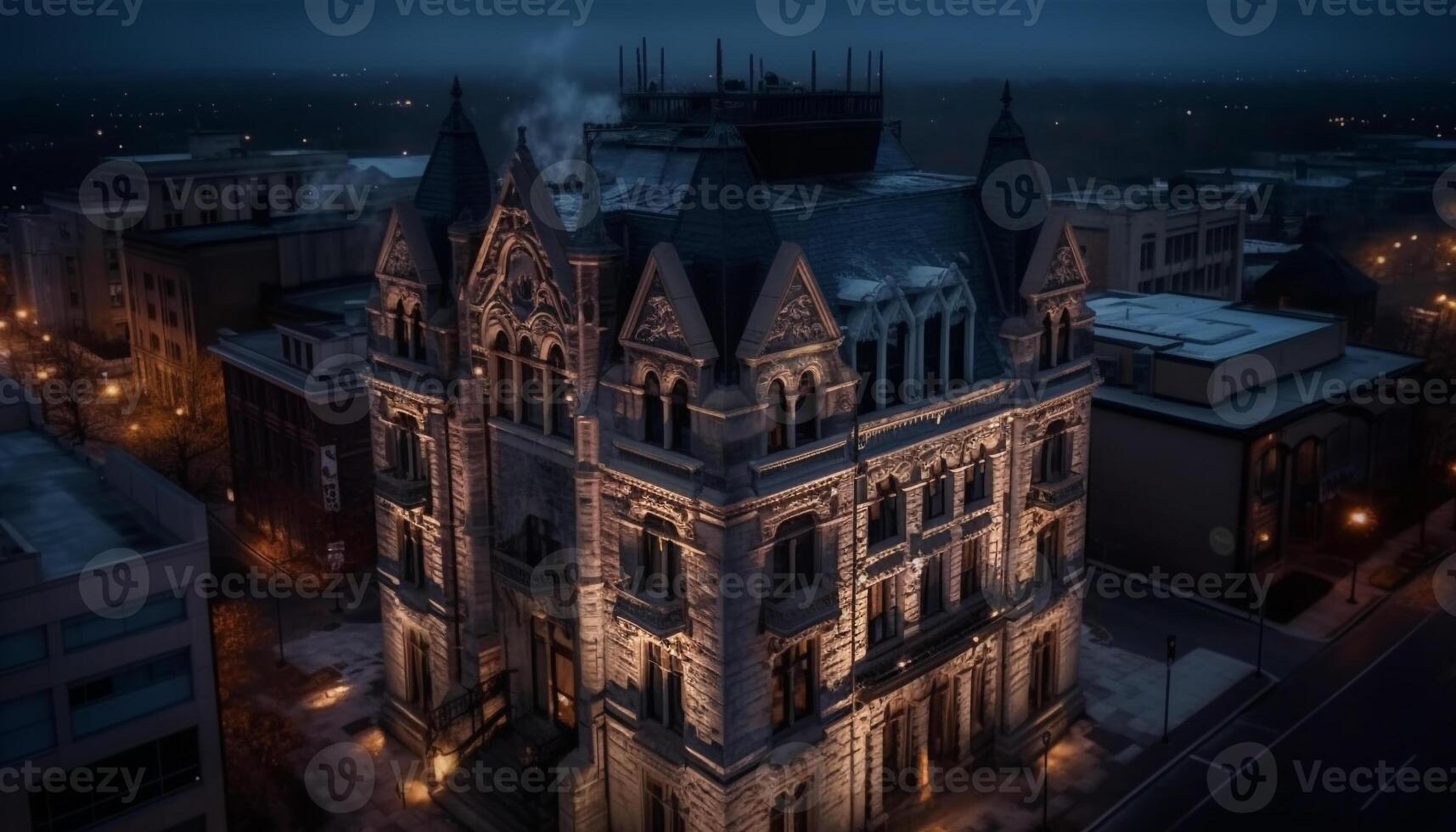 Illuminated gothic architecture, city skyline at dusk generated by AI photo