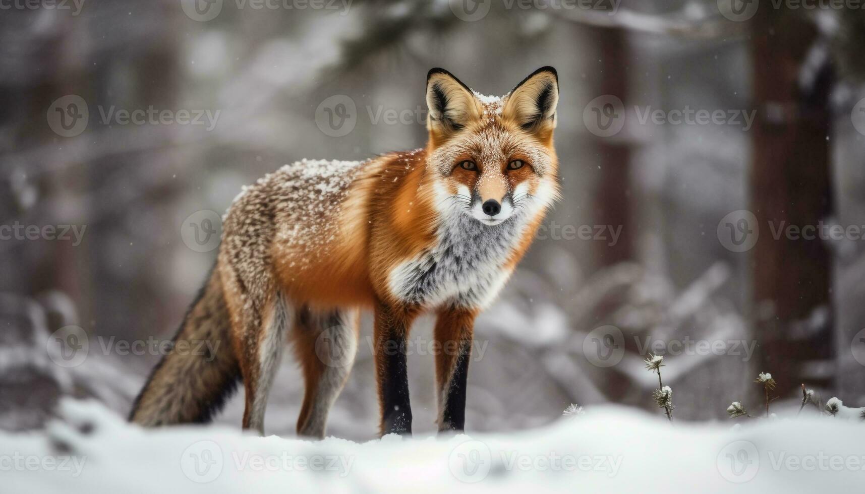 rojo zorro mirando linda en Nevado bosque generado por ai foto