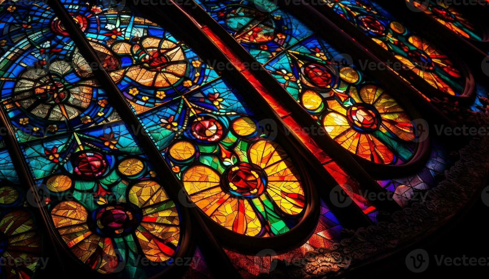 Stained glass windows illuminate ancient cathedral spirituality generated by AI photo