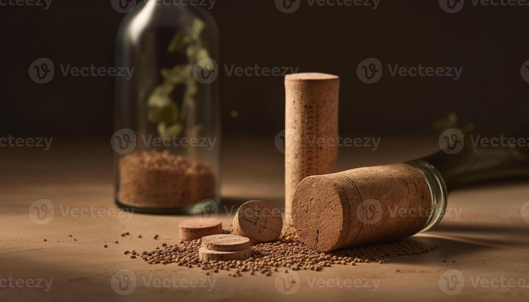 Wine bottle cork stopper, spilling liquid heap generated by AI photo