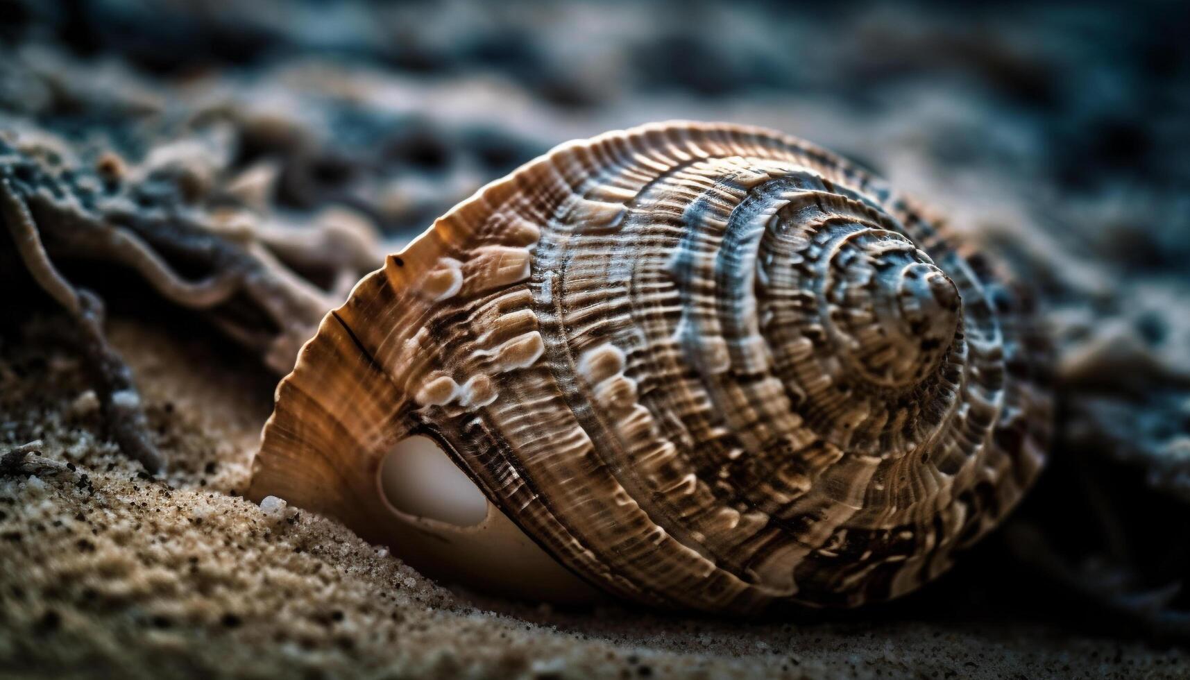 Abstract calcium design in seashell selective focus generated by AI photo