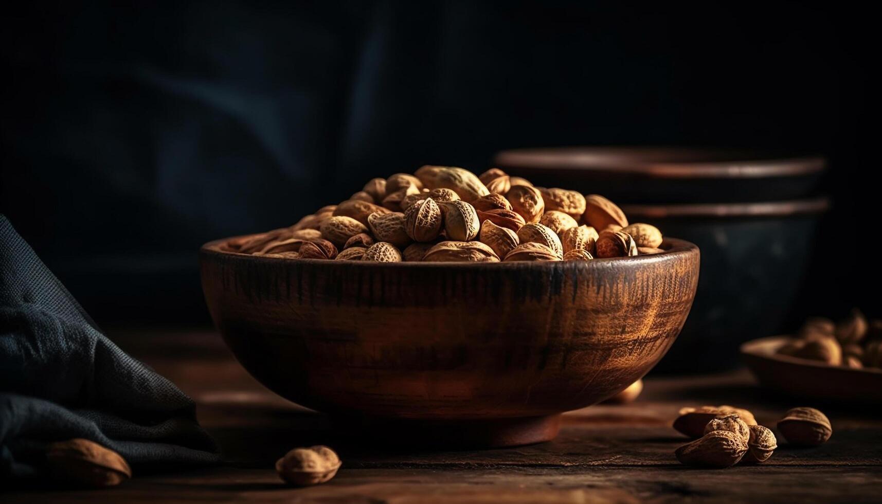 Healthy nuts and fruits on rustic table generated by AI photo