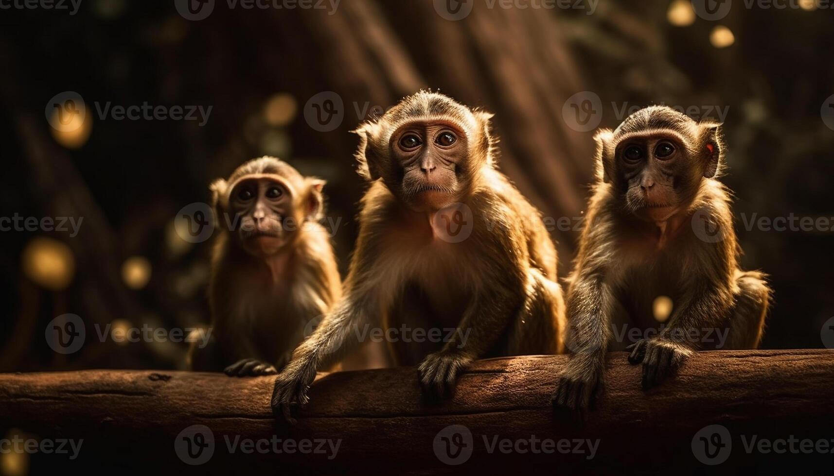 Three young macaques sitting in a tree generated by AI photo