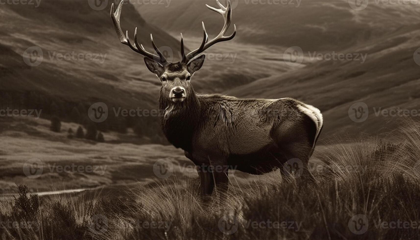 Majestic stag grazing in tranquil meadow generated by AI photo