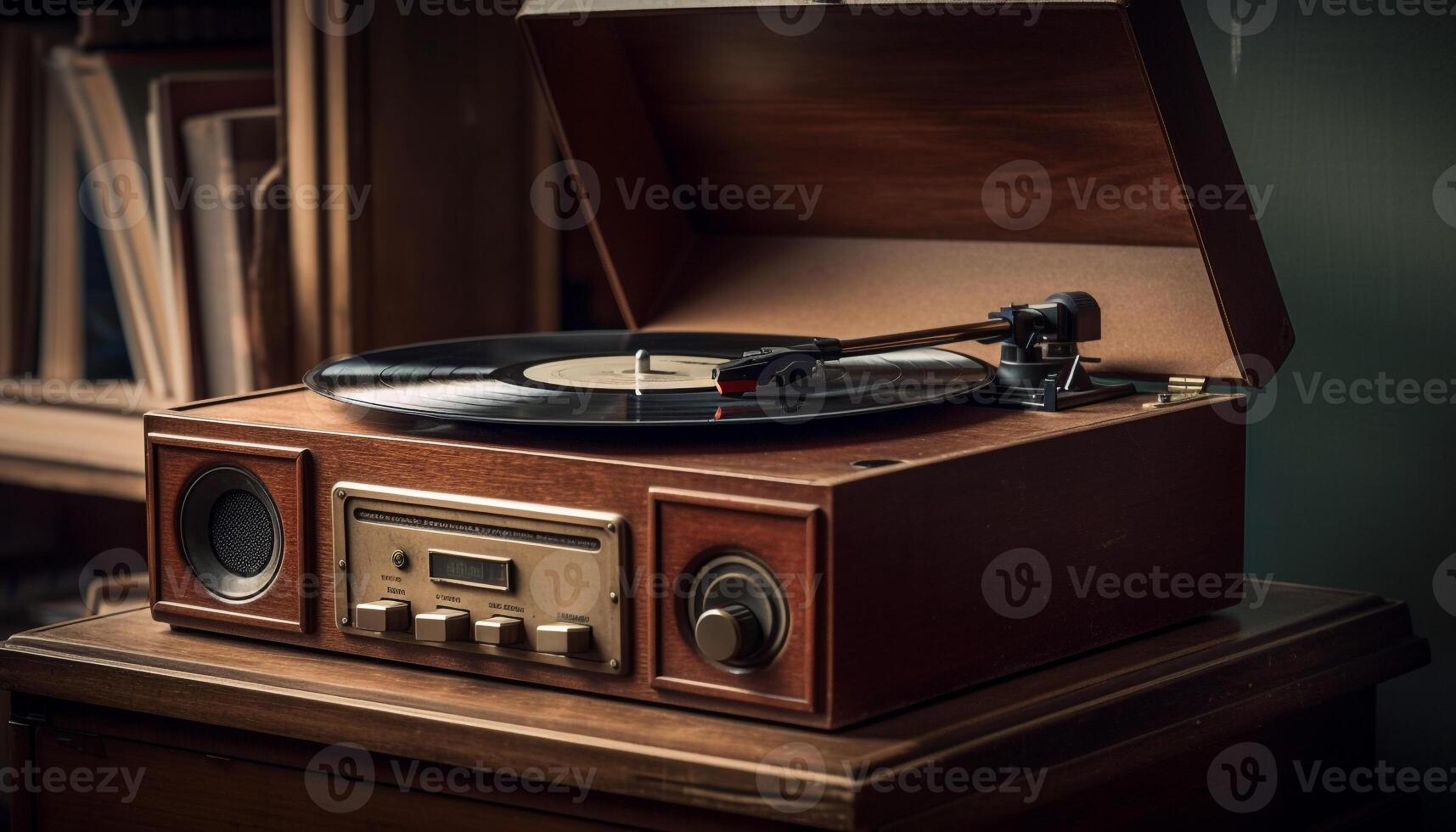 Nostalgic gramophone playing in old fashioned nightclub generated by AI photo