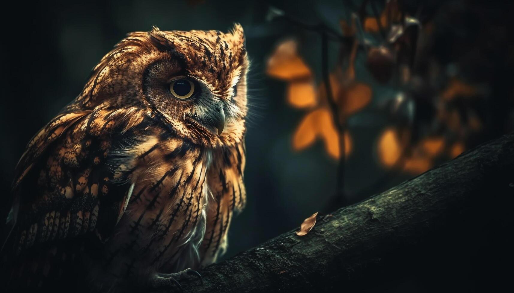 Great horned owl perching on tree branch generated by AI photo