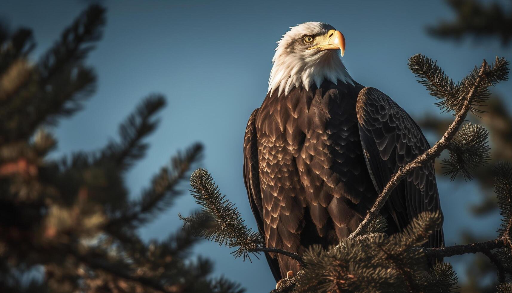 Majestic bald eagle perching on tree branch generated by AI photo