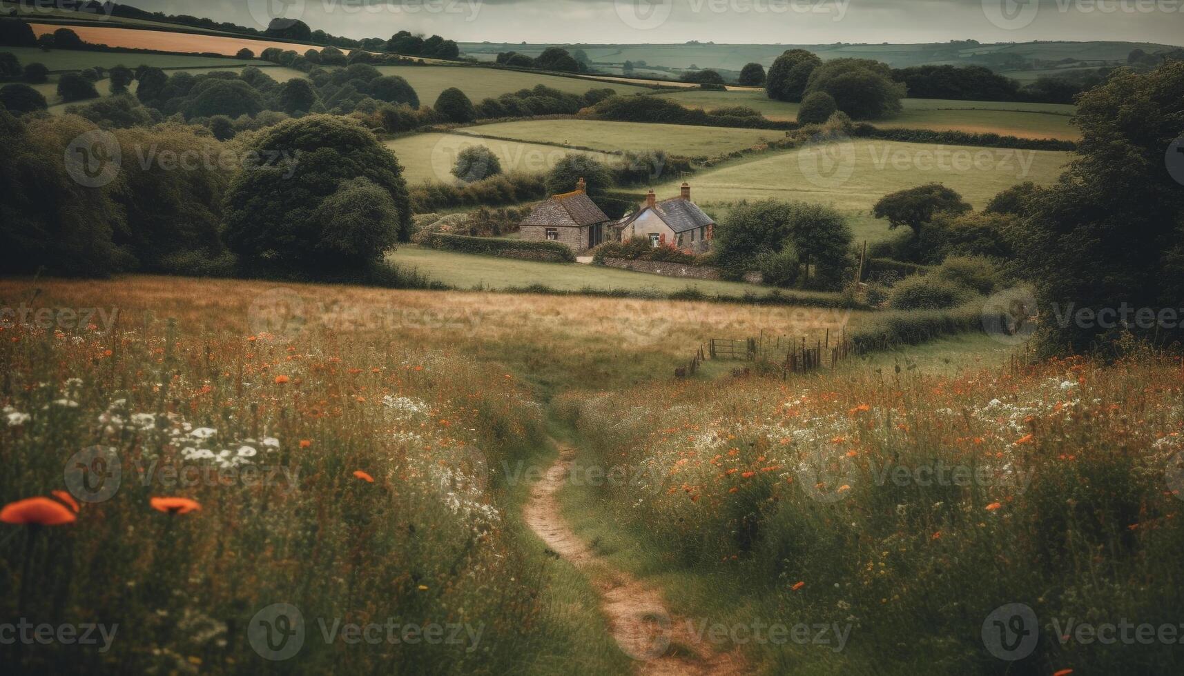 Tranquil scene of rustic farm at dusk generated by AI photo