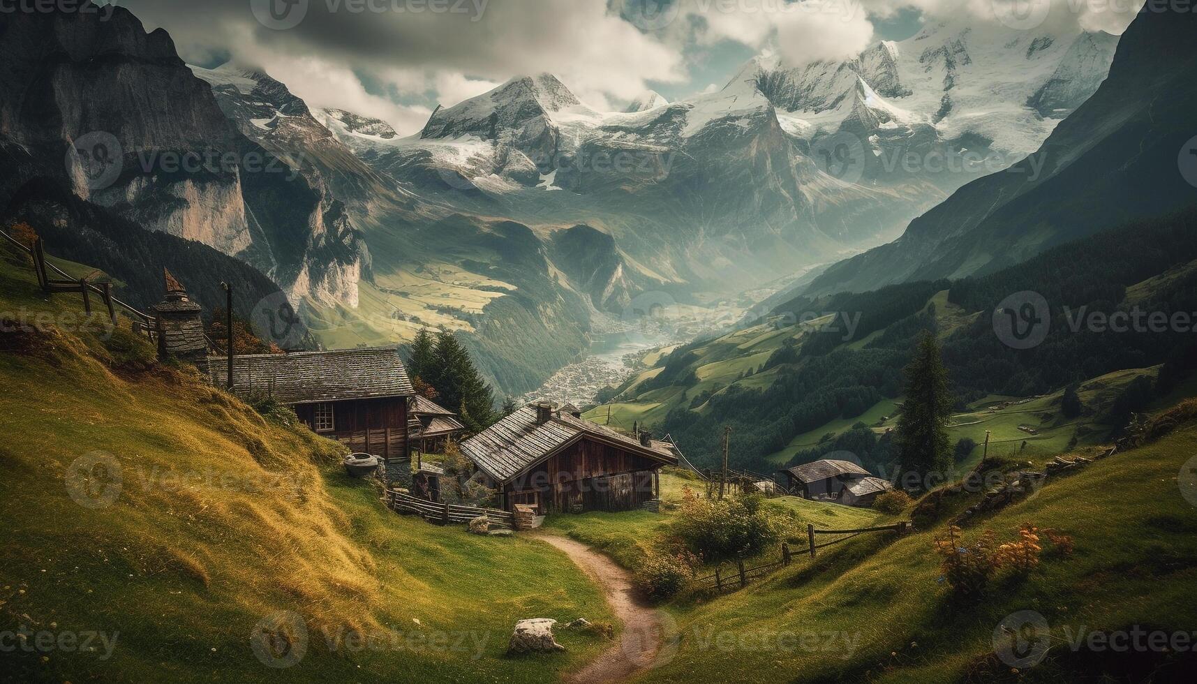 Majestic mountain peak, tranquil meadow, serene beauty generated by AI photo
