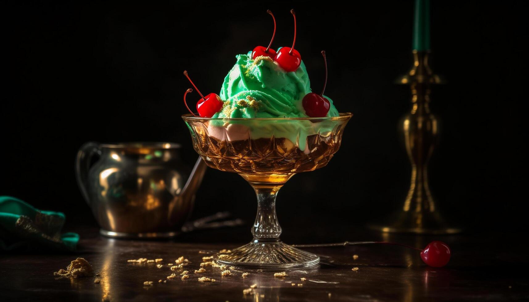 Gourmet ice cream sundae with fresh berries generated by AI photo