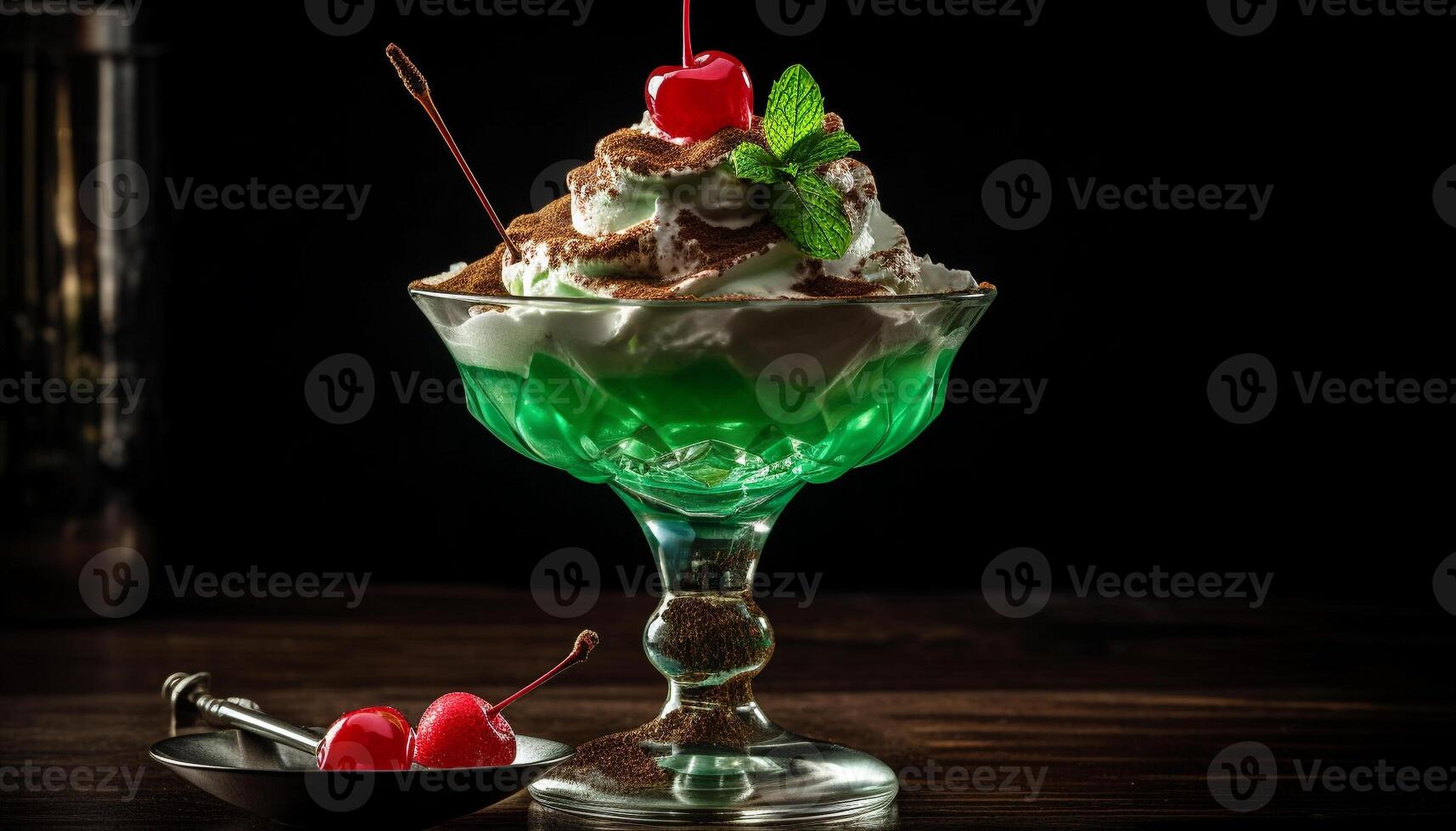 Indulgent ice cream sundae with berry sauce generated by AI photo