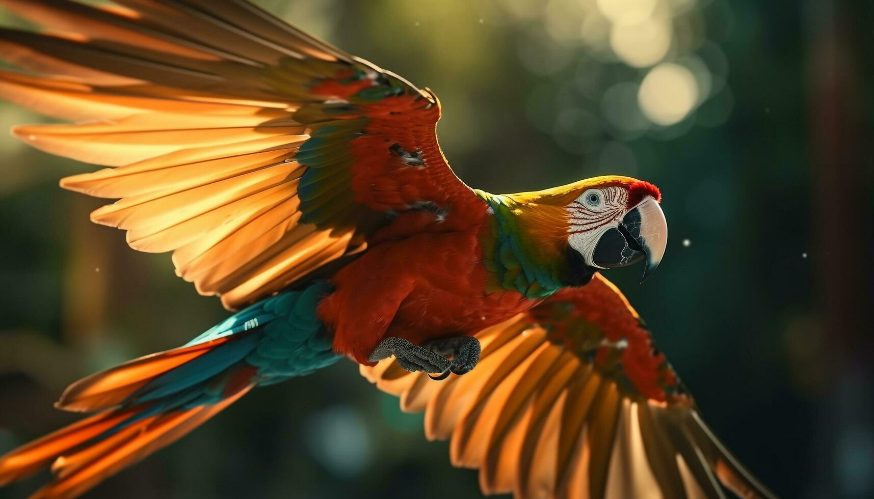 Vibrant macaw perched on branch in rainforest generated by AI photo