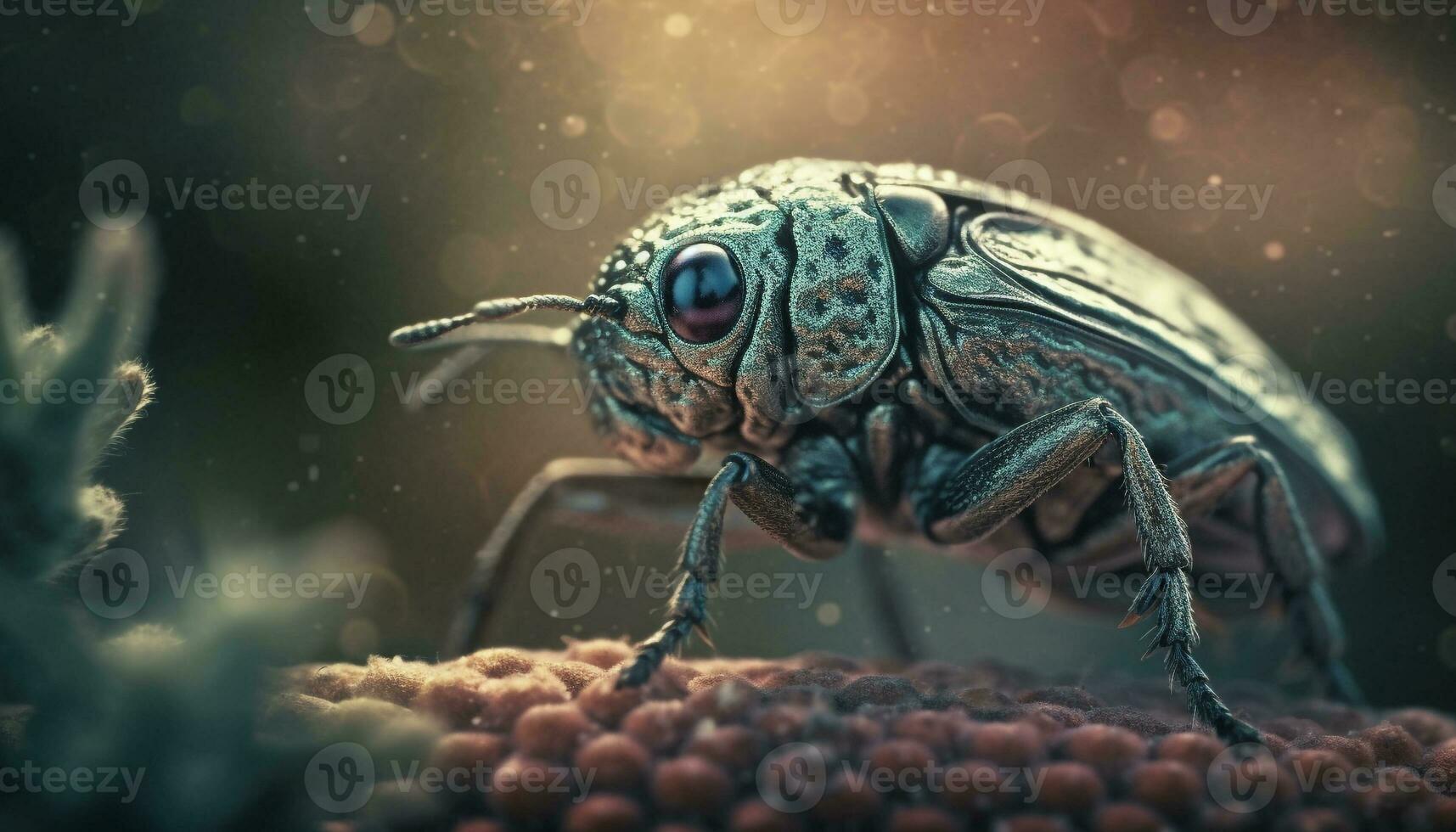 Weevil crawling on green leaf, macro magnification generated by AI photo