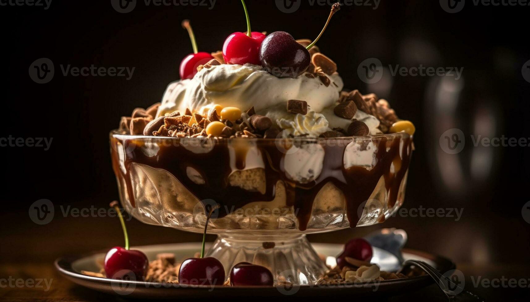 Indulgent homemade berry ice cream sundae dessert generated by AI photo