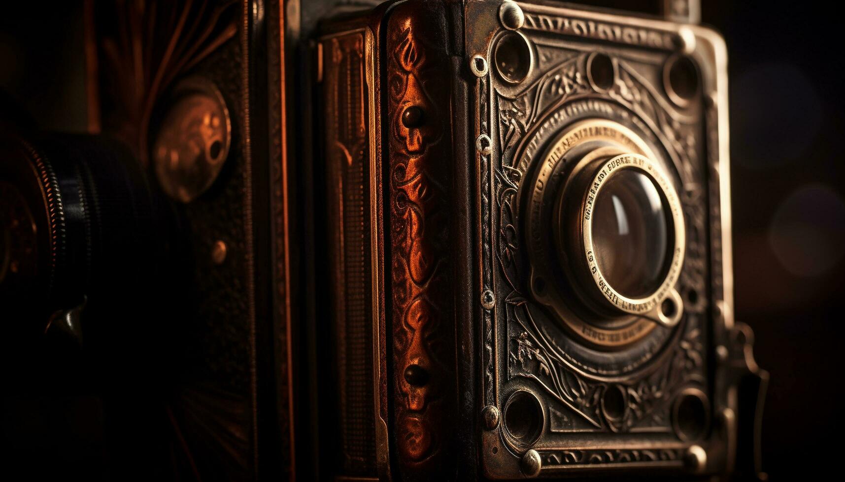 Antique camera with elegant leather and wood generated by AI photo