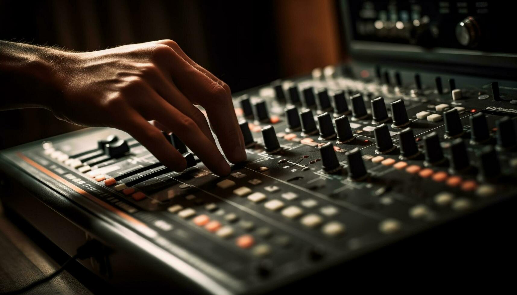Sound engineer adjusting mixer knob in recording studio generated by AI photo
