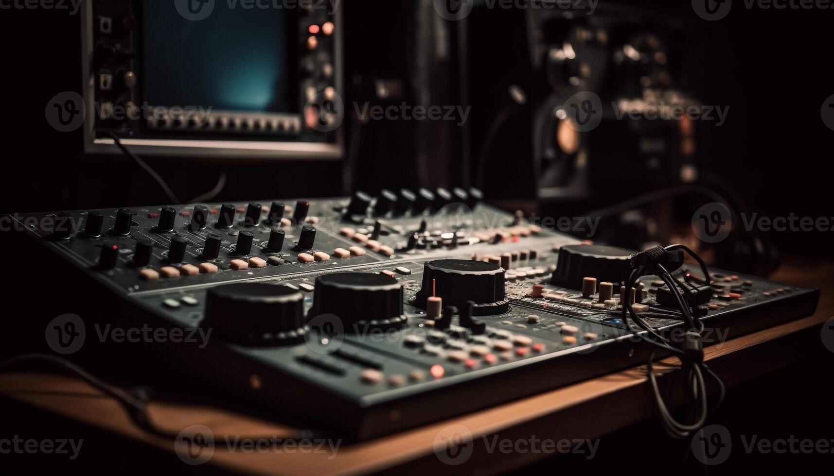 Electric mixer knob sliding, sound engineer adjusting levels generated by AI photo