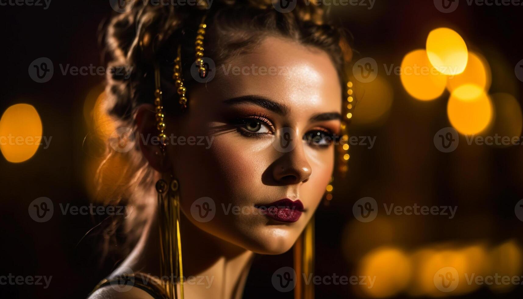 Beautiful woman with shiny gold hair indoors generated by AI photo