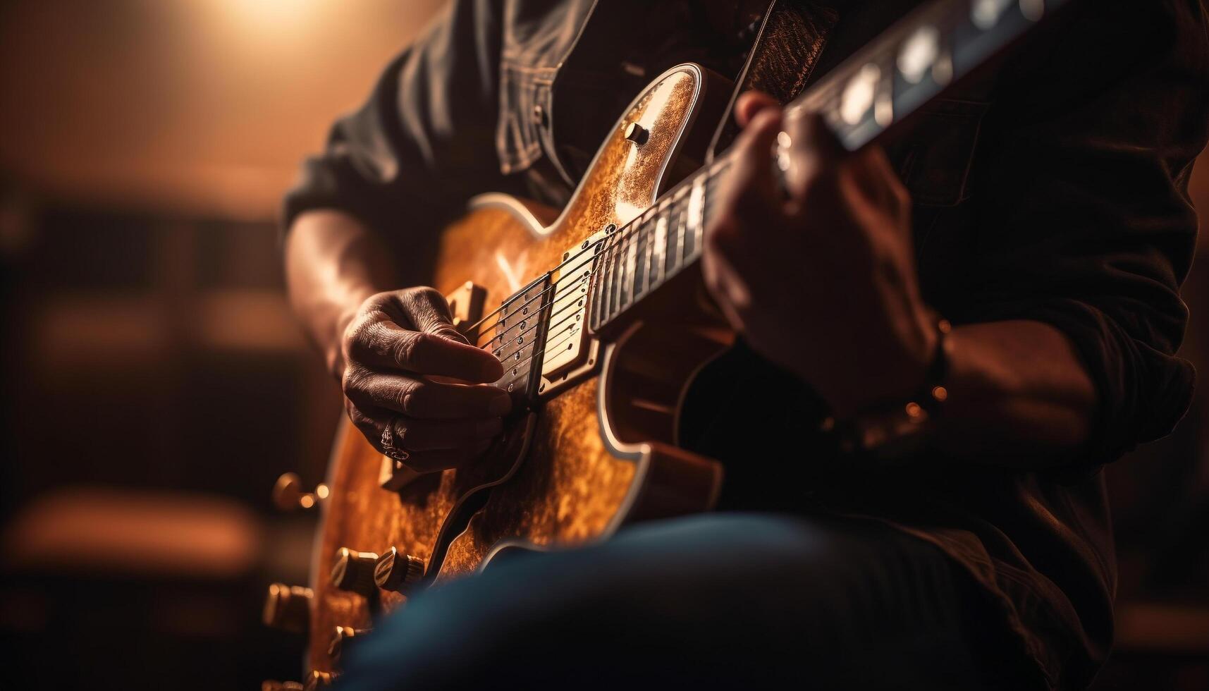 Caucasian guitarist playing acoustic guitar on stage generated by AI photo