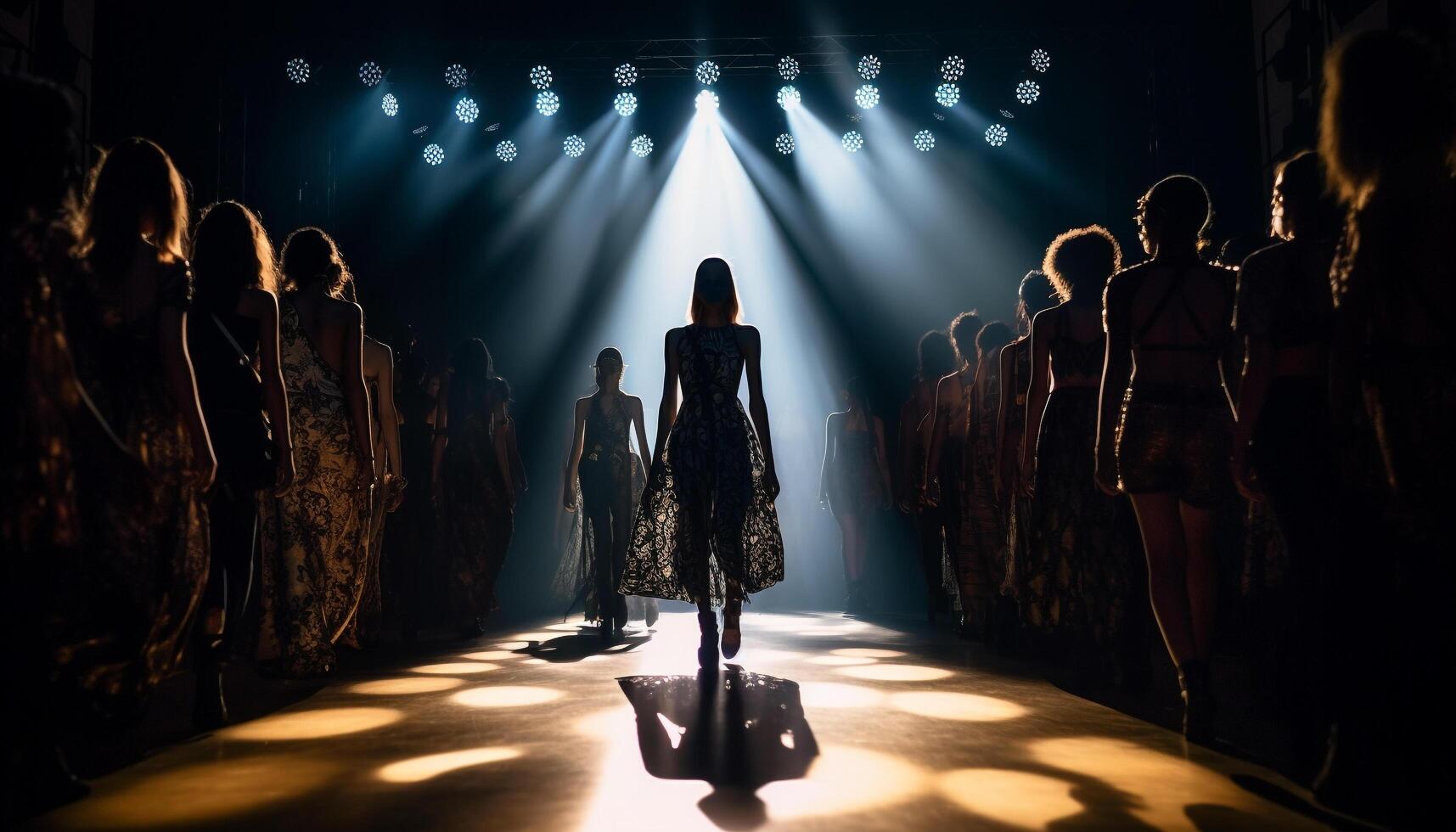 Fashion models walking in illuminated performance space generated by AI photo