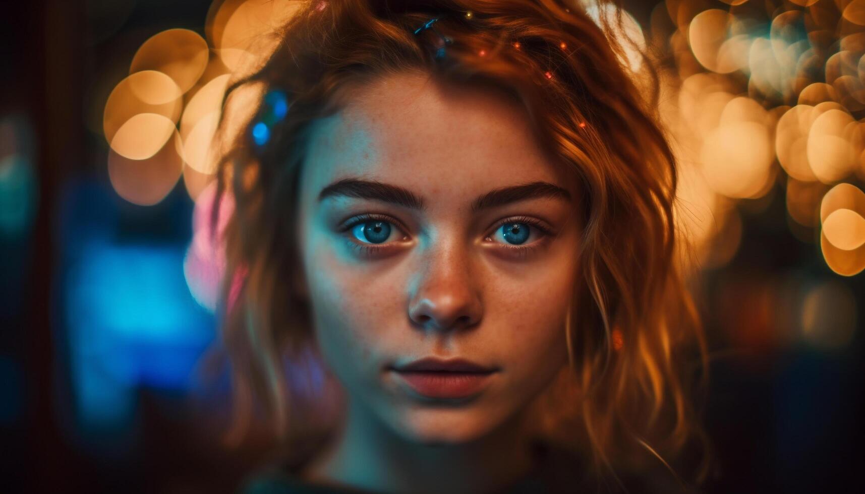 Young woman smiling, illuminated by street light generated by AI photo