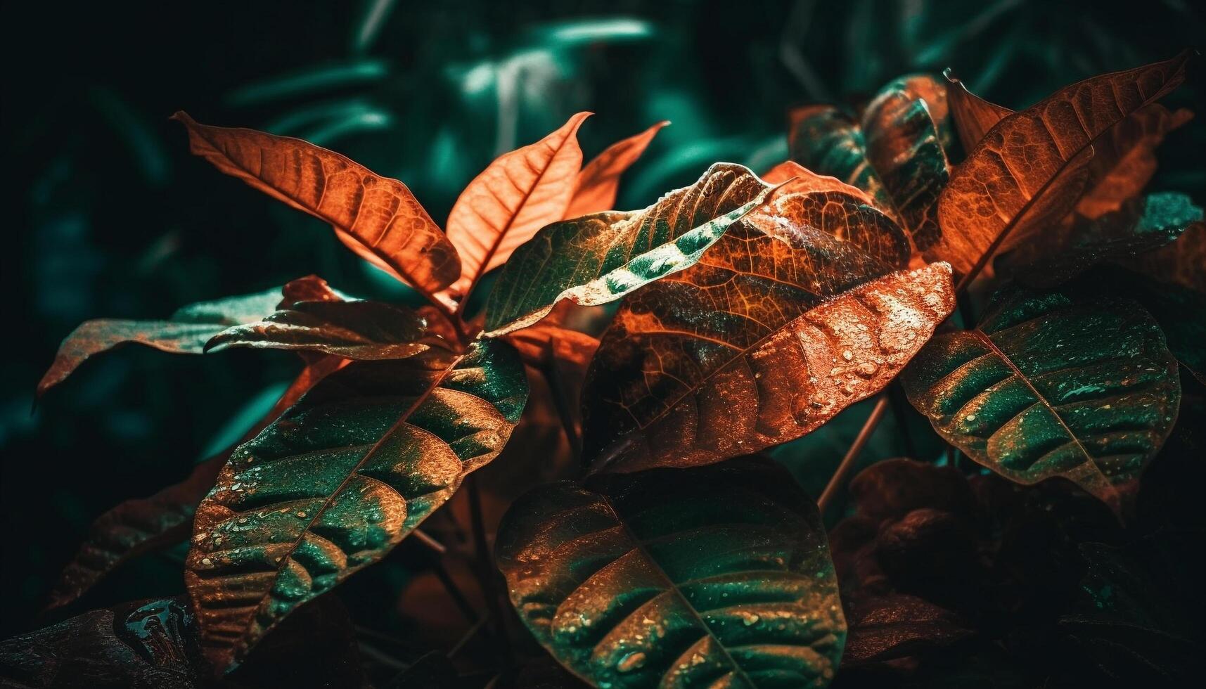 vibrante otoño hojas, mojado con gotas de lluvia que cae generado por ai foto